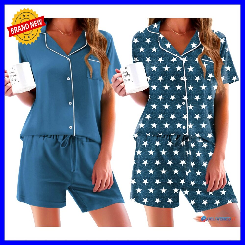 2-Pack Button Down Pajama Set Short Sleeve Comfy Sleepwear Loungewear